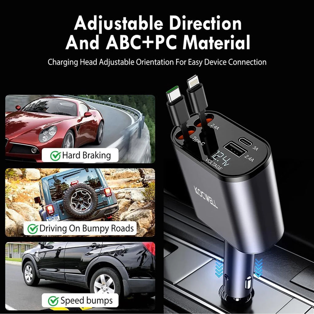 3Pack Retractable Car Charger, 100W 4 in 1 Super Fast Charge Car Phone Charger,Retractable Cables (31.5 Inch) and 2 USB Ports Car Charger Adapter for Iphone 15/14/13/12 Pro Max Xr,Ipad,Samsung,Pixel