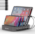 Charging Station for Multiple Devices,  5 Port Multi USB Charger Station with Power Switch Designed for Iphone Ipad Cell Phone Tablets (Gray, 7 Mixed Short Cables Included)