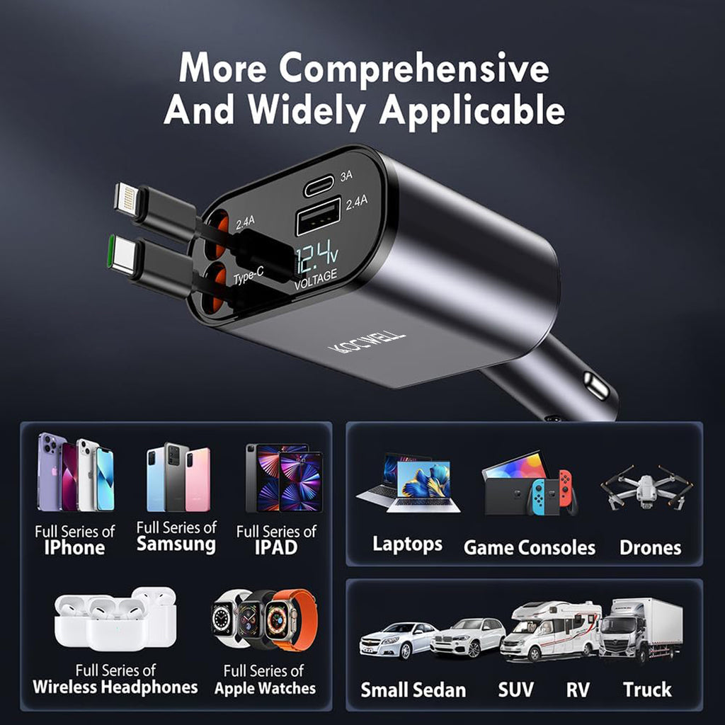 3Pack Retractable Car Charger, 100W 4 in 1 Super Fast Charge Car Phone Charger,Retractable Cables (31.5 Inch) and 2 USB Ports Car Charger Adapter for Iphone 15/14/13/12 Pro Max Xr,Ipad,Samsung,Pixel