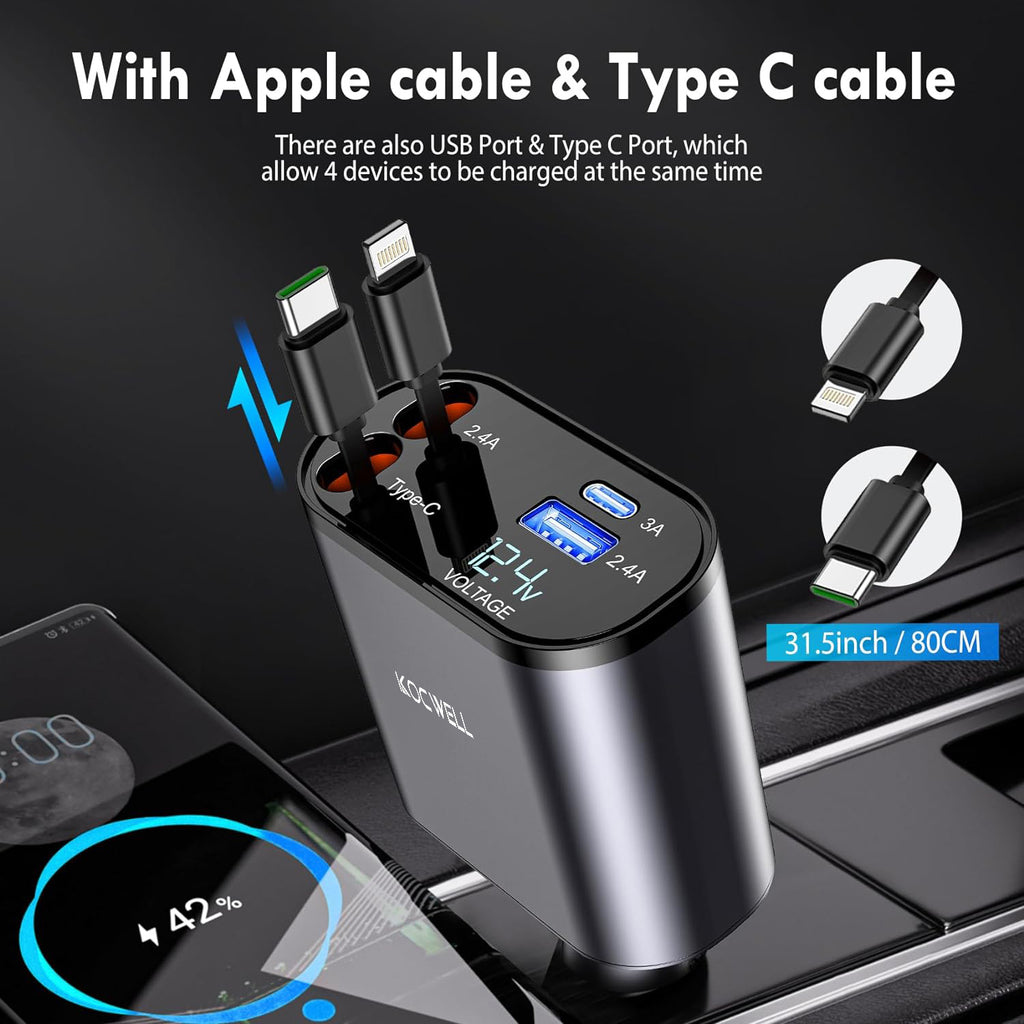 3Pack Retractable Car Charger, 100W 4 in 1 Super Fast Charge Car Phone Charger,Retractable Cables (31.5 Inch) and 2 USB Ports Car Charger Adapter for Iphone 15/14/13/12 Pro Max Xr,Ipad,Samsung,Pixel