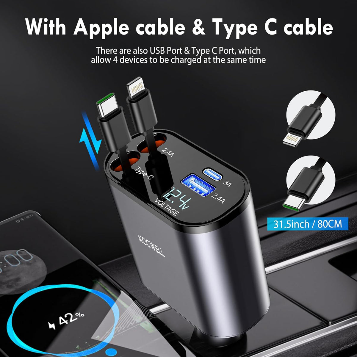 3Pack Retractable Car Charger, 100W 4 in 1 Super Fast Charge Car Phone Charger,Retractable Cables (31.5 Inch) and 2 USB Ports Car Charger Adapter for Iphone 15/14/13/12 Pro Max Xr,Ipad,Samsung,Pixel